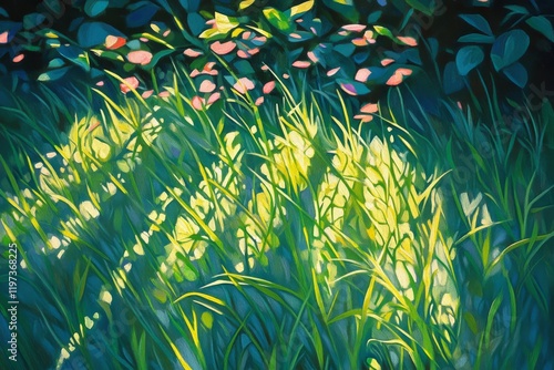 Lush green grass swaying gently under sunlight in a tranquil natural environment