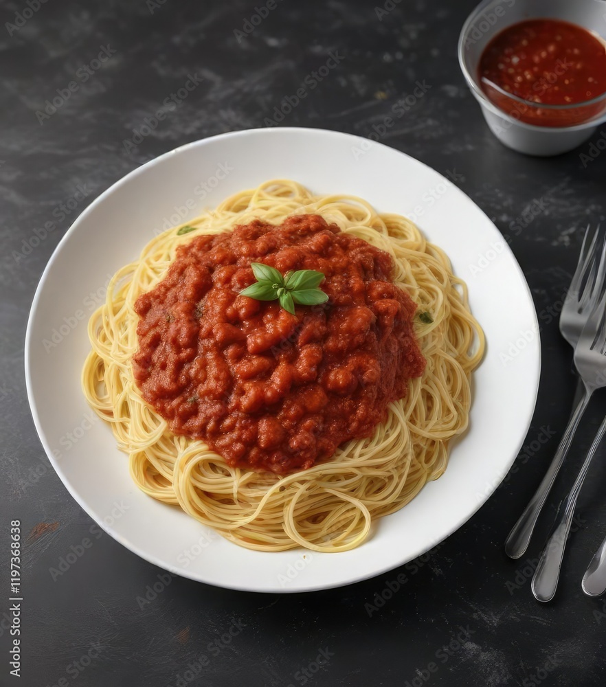 A white plate filled with long strands of cooked spaghetti and marinara sauce, , artistic composition, food on plate A white plate filled with long strands of cooked spaghetti and marinara sauce, , artistic composition, food on plate