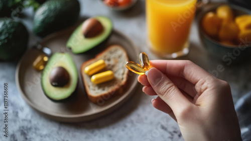 Healthy Lifestyle Concept with Hand Holding Omega-3 Capsules and Nutritious Breakfast Featuring Avocado, Bread, Fruit Juice, and Fresh Ingredients on Table