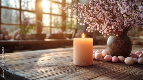 Candles and blooming flowers create a cozy atmosphere in a springtime setting...