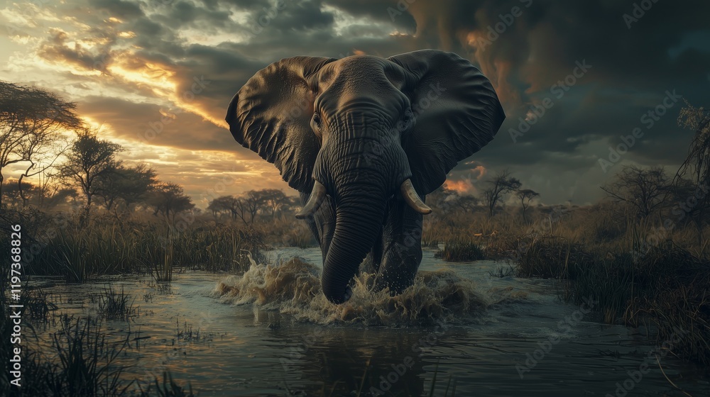 Fototapeta premium Majestic Elephant Wading Through Water Under Dramatic Sky at Dusk