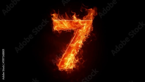 Glowing fiery number 7 isolated on black background