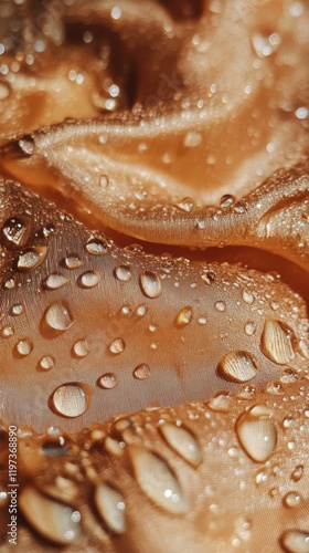 Water droplets glimmer on a delicate fabric surface in a soft light setting