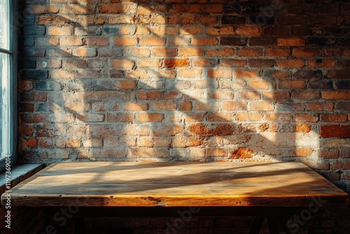 Rustic wooden table against a textured brick wall in an urban setting