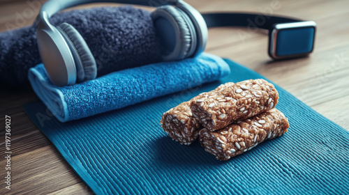 Healthy Snack Preparation for Fitness Routine with Headphones and Towels on Gym Mat for Active Lifestyle Motivation and Wellness Journey