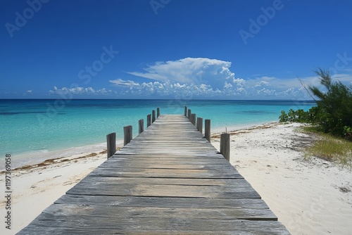 Wooden dock extending over tranquil blue waters on a sunny day near a sandy b...