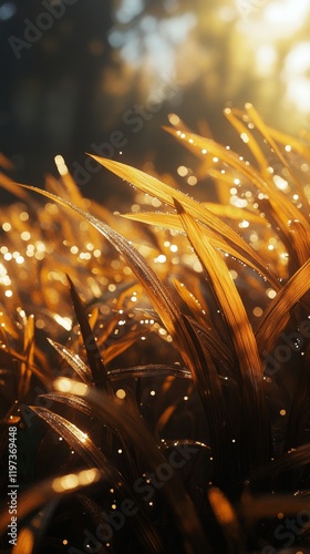 Morning sunlight illuminates dew-covered grass in a serene winter landscape