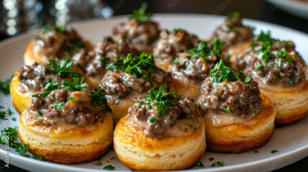 Savory Biscuits Topped with Rich Ground Beef and Mushroom Gravy, Garnished with Fresh Parsley on a White Plate Ready for a Gourmet Meal Savory Biscuits Topped with Rich Ground Beef and Mushroom Gravy, Garnished with Fresh Parsley on a White Plate Ready for a Gourmet Meal