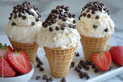 Delicious ice cream cones topped with strawberries and chocolate chips served...
