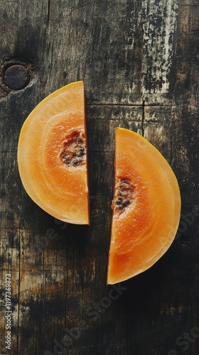 Freshly sliced orange melon halves resting on a wooden surface during sunny a...