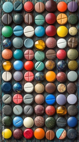Vibrant assortment of colorful capsules on neutral background showcasing heal...