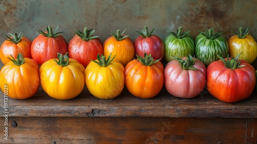 Colorful arrangement of fresh tomatoes on wooden surface showcasing variety a...