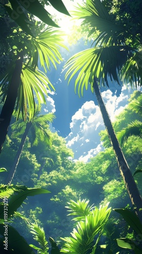 Light filtering through dense foliage in a vibrant tropical rainforest during...