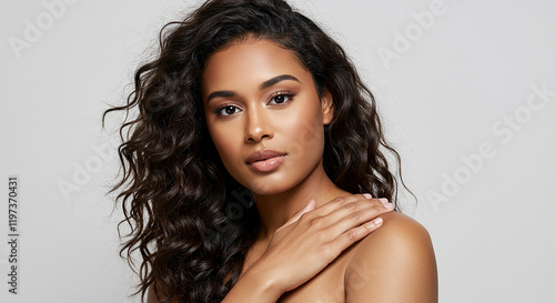 Stunning Young Woman with Long Curly Brown Hair Smooth Skin and Natural Beauty Portrait