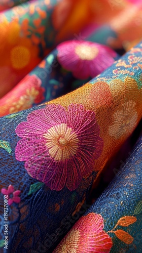 Colorful floral embroidery on fabric showcasing intricate craftsmanship and v...