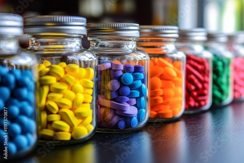 Colorful jars filled with assorted tablets and capsules on a shiny surface in...