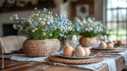 Freshly gathered eggs on a rustic table surrounded by beautiful floral arrang...