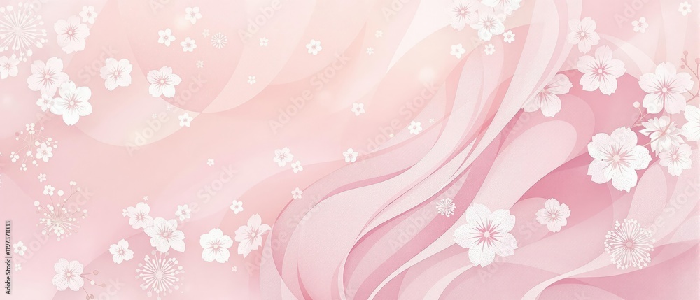 Abstract pattern of white cherry blossom flowers on a pink gradient background, blooming, artistic design Abstract pattern of white cherry blossom flowers on a pink gradient background, blooming, artistic design