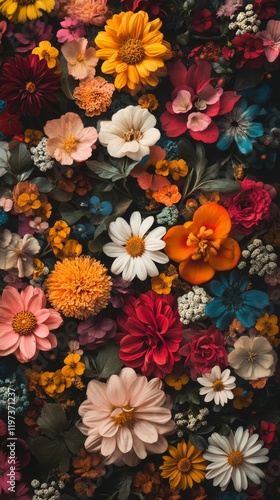 Vibrant assortment of flowers showcasing various colors and shapes in a creat...