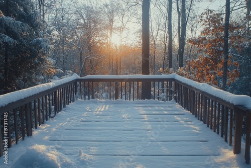 Snow-covered deck overlooking a tranquil winter forest landscape in a remote ...