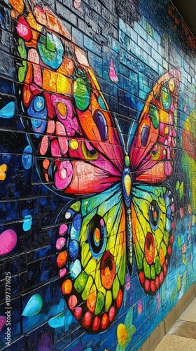 Colorful butterfly mural adorned with vibrant flowers on a blue wall in an ur...