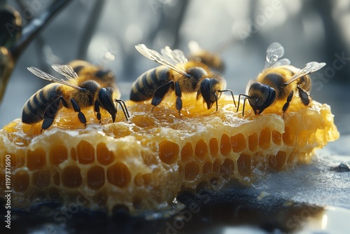 Close-up view of bees working on honeycomb in a beehive during daylight hours