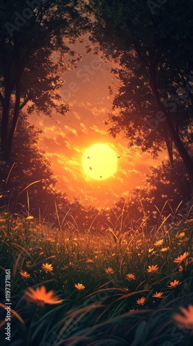 Sunset over a meadow filled with wildflowers and warm golden light on a seren...