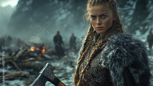 Fierce Viking Warrior Woman with Intricate Face and Body Tattoos in Diverse Natural Settings, from Stormy Seas to Misty Forests, Showcasing Strength, Beauty, and Battle Readiness photo