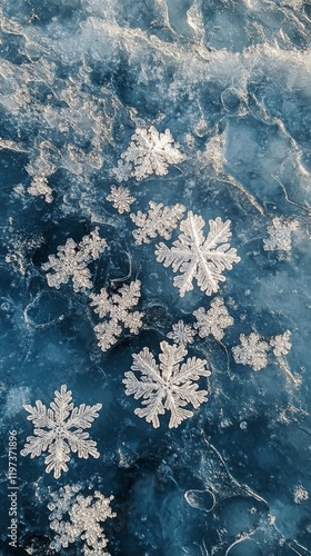 Snowflakes shimmering on a dark blue background create a magical winter atmos...
