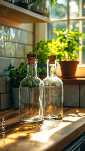 Elegant whiskey bottles reflecting sunlight in a serene indoor setting by a w...