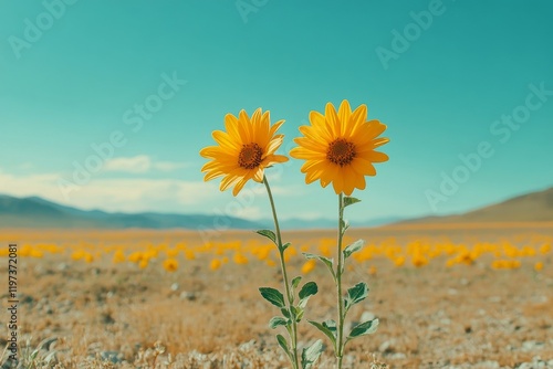 Bright yellow flowers bloom in a vast landscape under clear blue sky