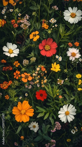 Bright wildflower meadow illuminated by sunset in a tranquil rural setting