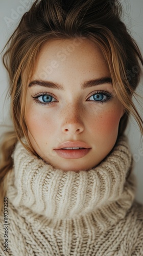 Portrait of a young woman with blue eyes and a cozy sweater against a soft ba...