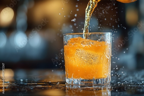 Splash of fresh orange juice captured in a glass with vibrant color and energ...