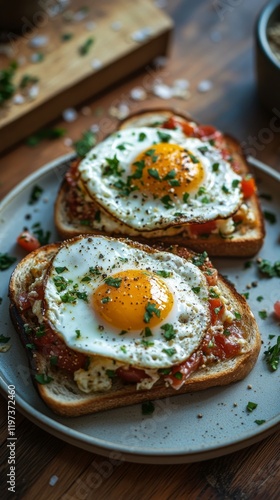 Delicious breakfast with eggs over easy served on toasted bread in a cozy kit...
