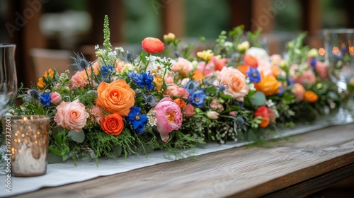 Colorful floral arrangement on wooden table at outdoor event during daylight ...