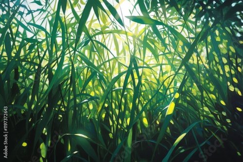 Lush green grass swaying gently under sunlight in a tranquil natural environment