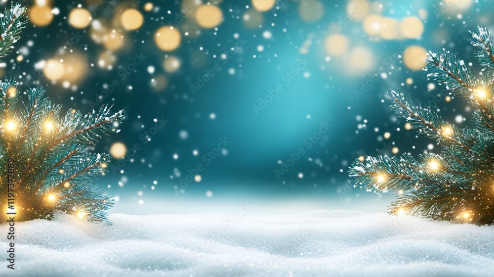 Magical Winter Wonderland Snowy Scene with Illuminated Pine Branches Magical Winter Wonderland Snowy Scene with Illuminated Pine Branches