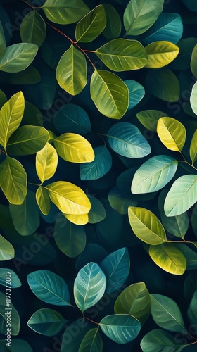 Lush green leaves showcasing vibrant textures and patterns in a natural setti...