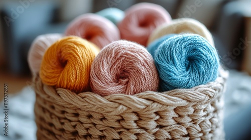 Colorful yarn spools in a woven basket showcase vibrant crafting supplies for...