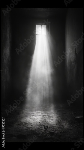 Light beams filter through a doorway into a dark hallway creating a mysteriou...