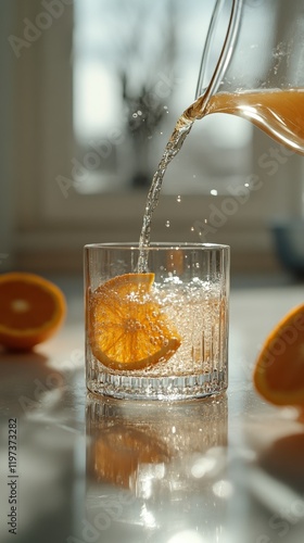 Refreshing orange juice poured into a glass beside a window with winter scenery