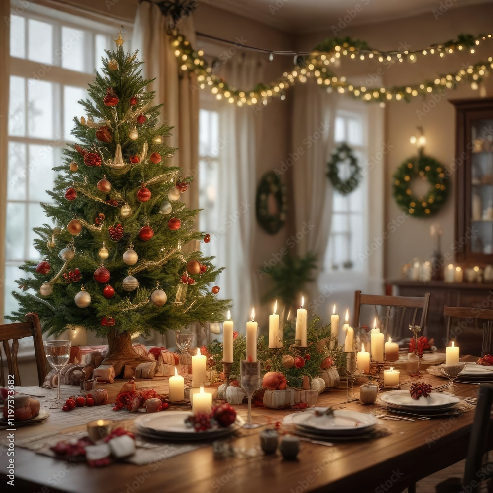 A beautifully decorated Christmas tree sits atop a festive holiday table, surrounded by garlands and candles, candlelight, merry atmosphere, christmas tree centerpiece A beautifully decorated Christmas tree sits atop a festive holiday table, surrounded by garlands and candles, candlelight, merry atmosphere, christmas tree centerpiece