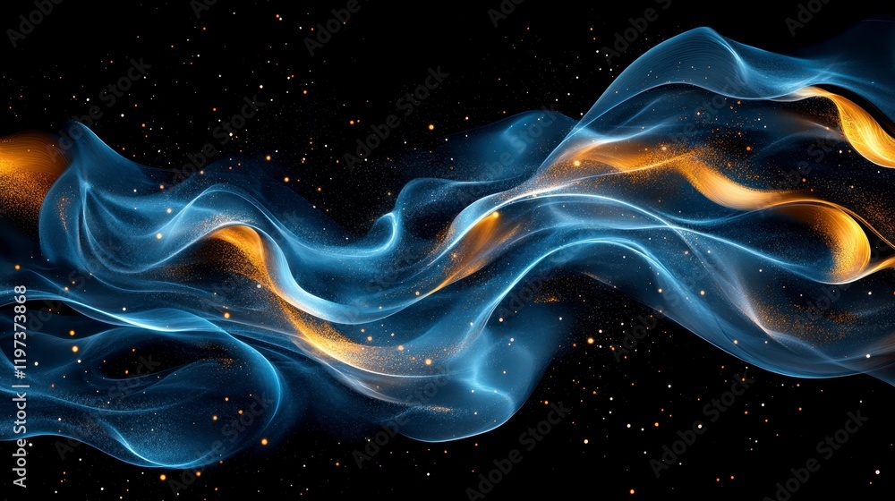Obraz premium Abstract Blue and Gold Swirling Waves with Sparkling Dust Cosmic Nebula Background