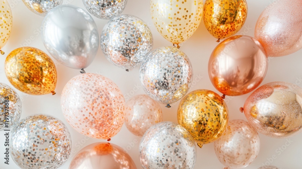 A bunch of gold and silver balloons with gold and silver glitter A bunch of gold and silver balloons with gold and silver glitter
