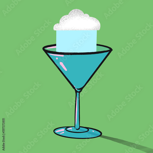 Ink and colour graphic hand illustration of a an empty martini glass and a cloud raining into it