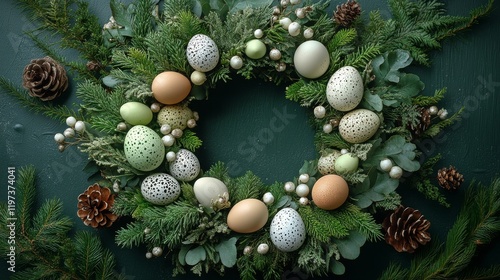 Beautiful Easter wreath decorated with colorful eggs and greenery for spring ...