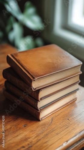 Stacked vintage books beside a window with a potted plant in a cozy reading nook