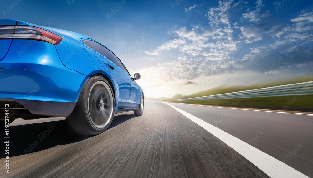 view of the blue business car s rear as it turns quickly blue automobile racing down a freeway at top speed view of the blue business car s rear as it turns quickly blue automobile racing down a freeway at top speed