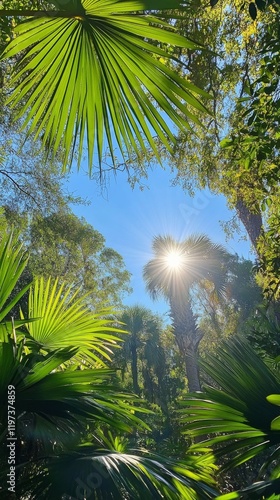 Light filtering through dense foliage in a vibrant tropical rainforest during...